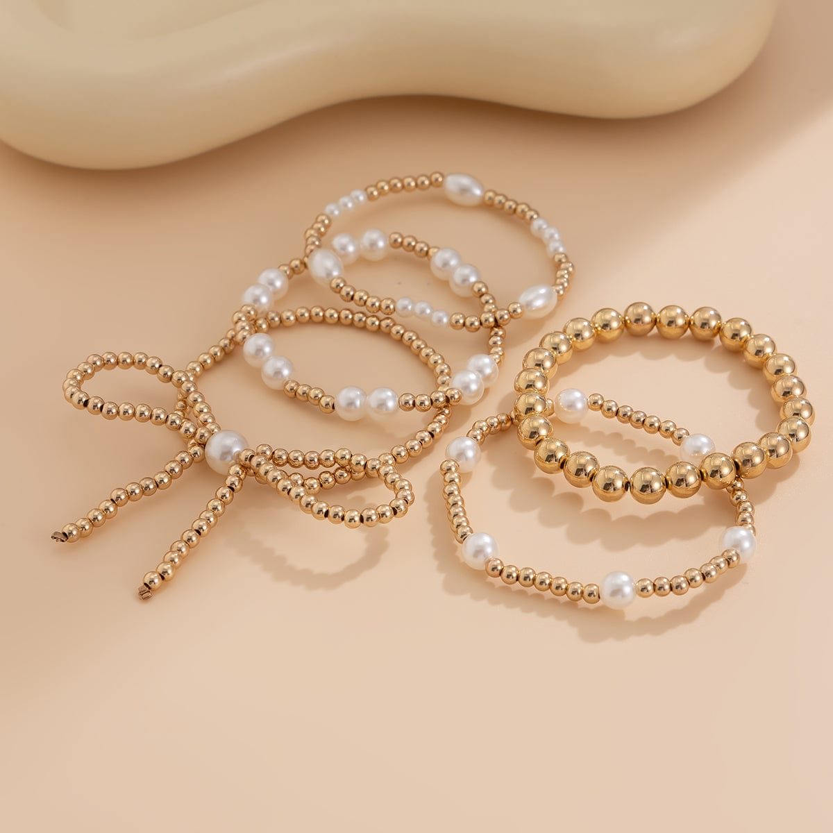 Elegant 5pcs Gold Plated Bowknot Pearl Chain Bracelet Set