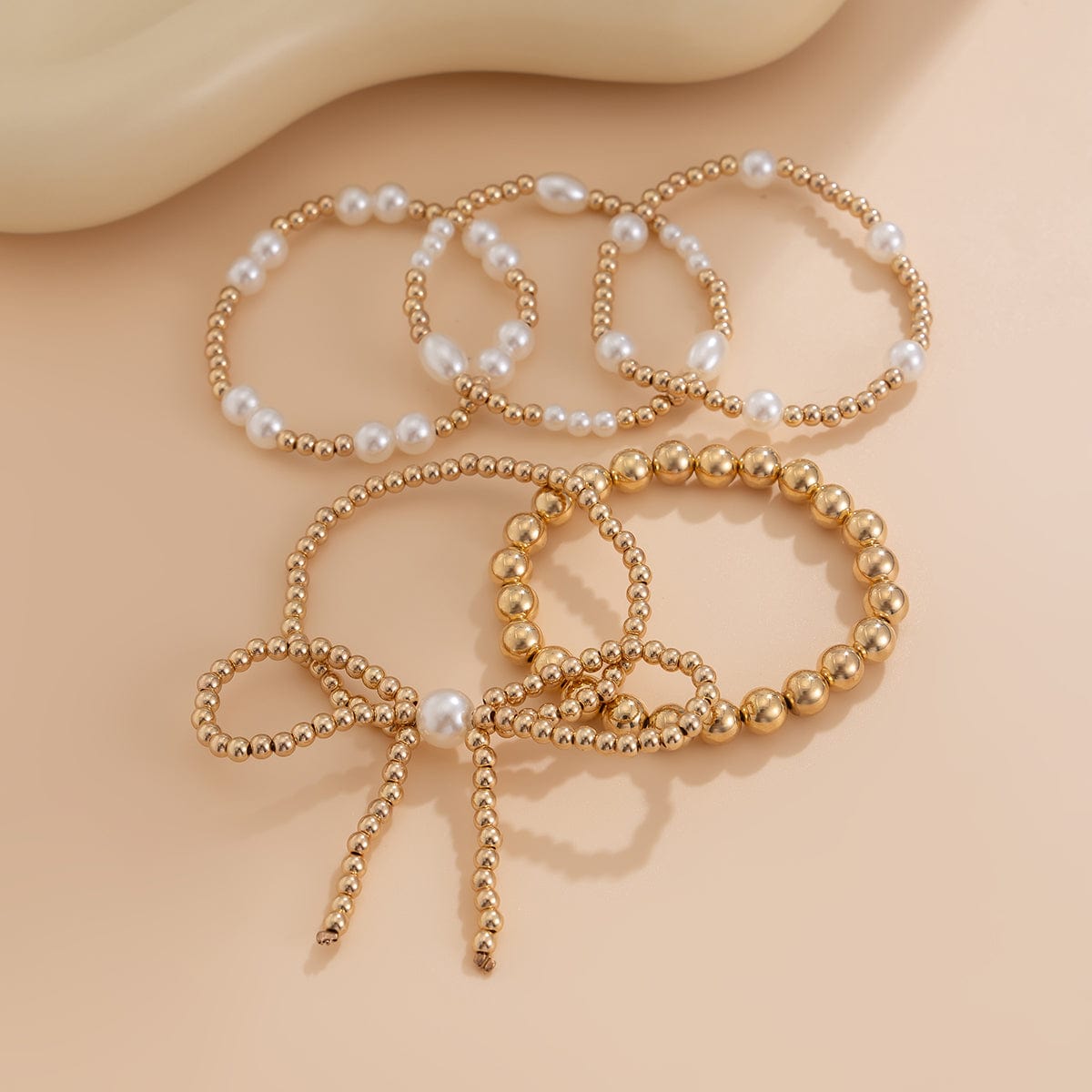 Elegant 5pcs Gold Plated Bowknot Pearl Chain Bracelet Set