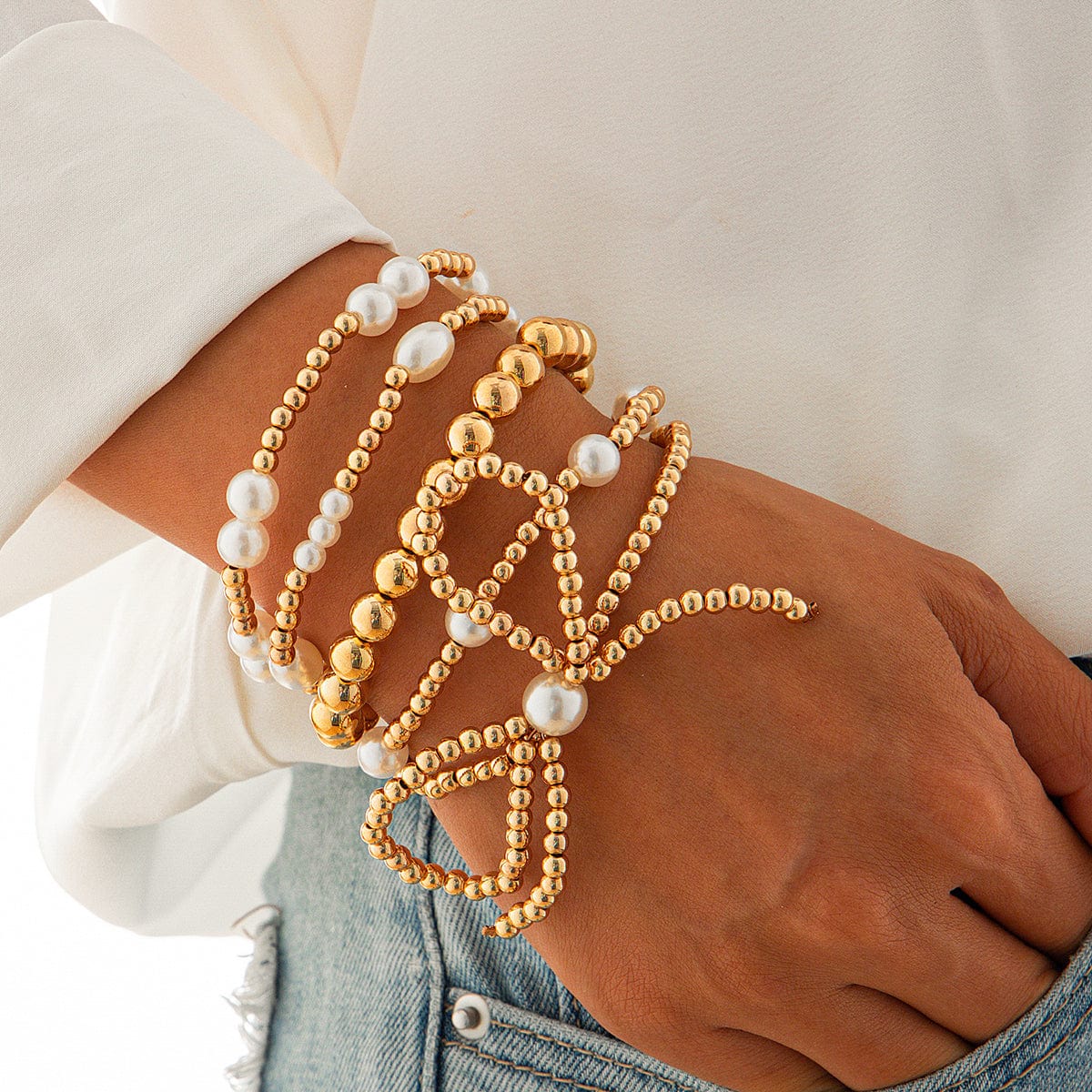 Elegant 5pcs Gold Plated Bowknot Pearl Chain Bracelet Set