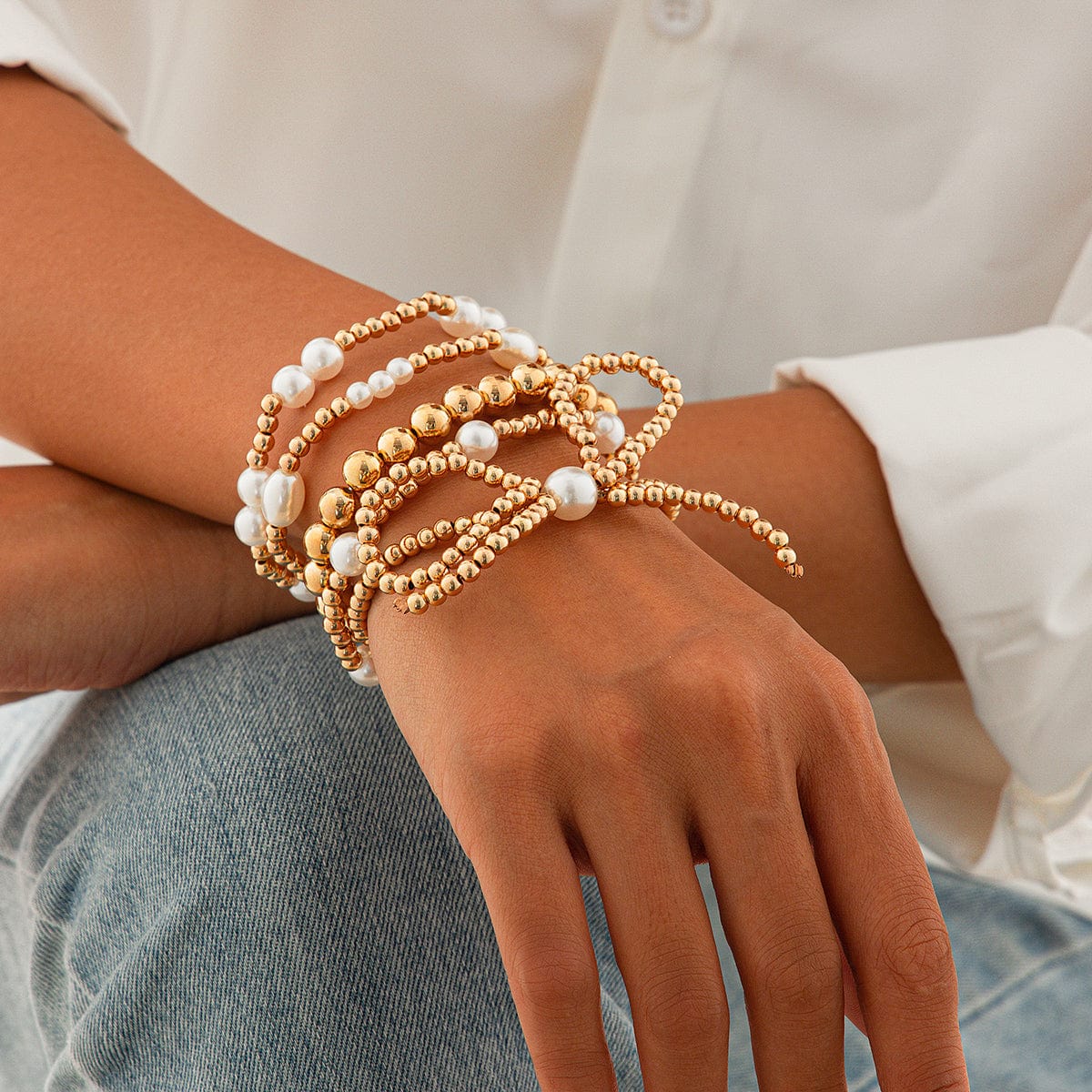 Elegant 5pcs Gold Plated Bowknot Pearl Chain Bracelet Set