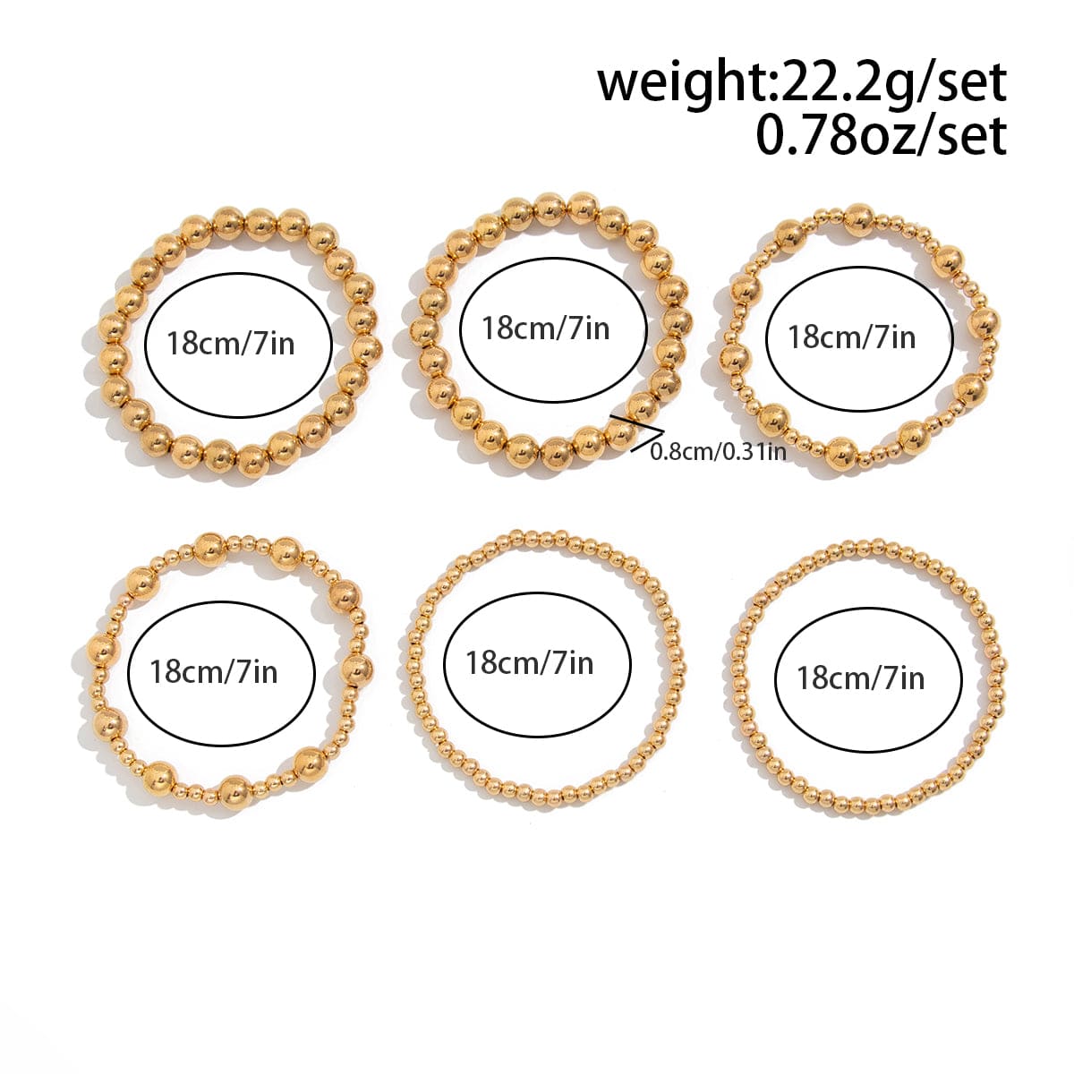 Elegant 6pcs Gold Silver Tone Ball Chain Bracelet Set