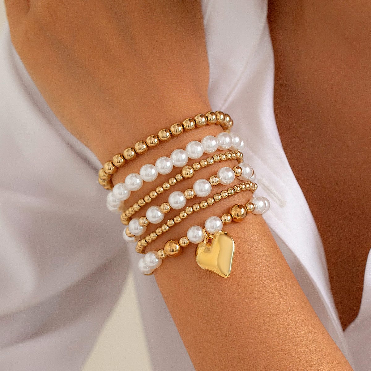 Elegant 6pcs Heart Charm Pearl Chain Stackable Bracelet Set