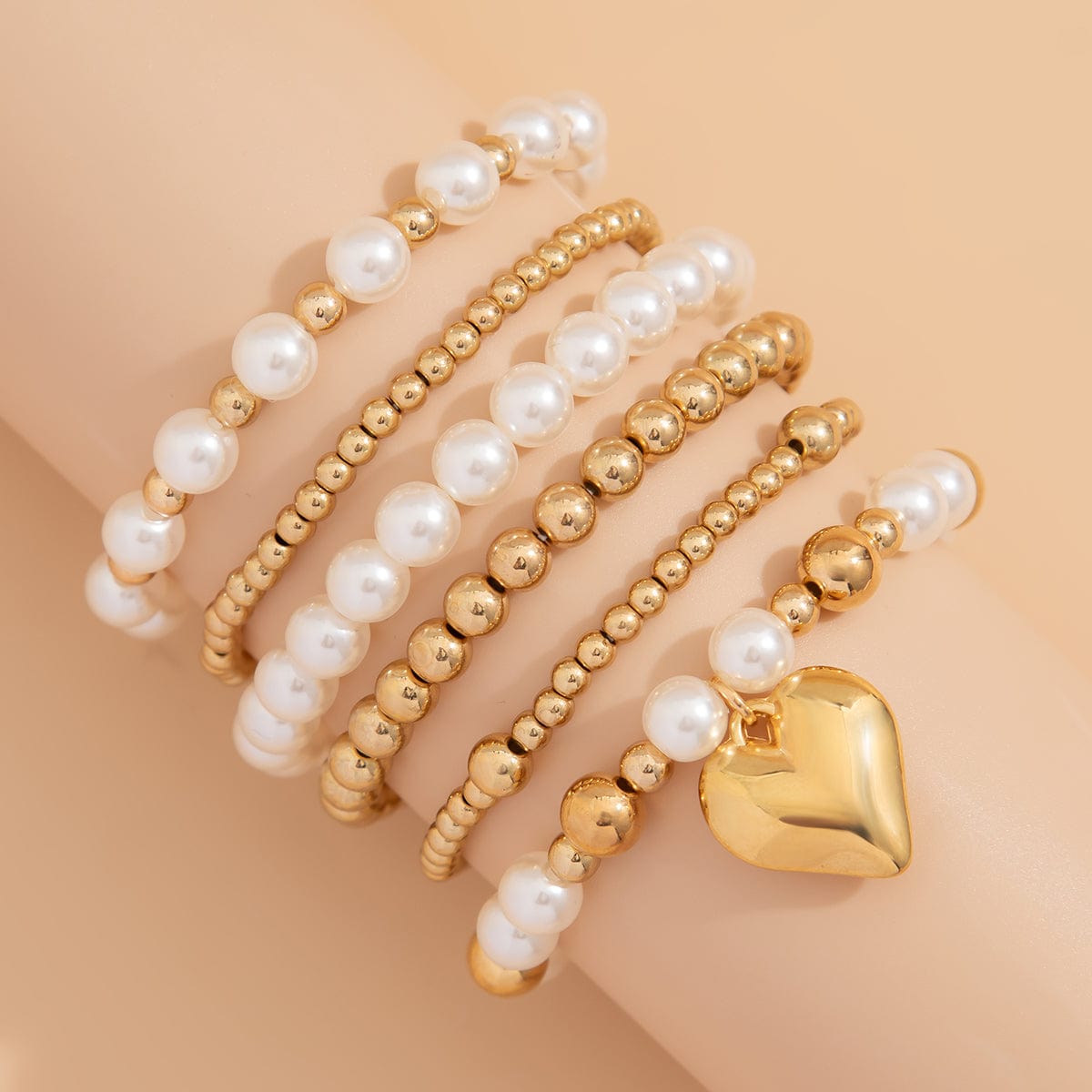 Elegant 6pcs Heart Charm Pearl Chain Stackable Bracelet Set