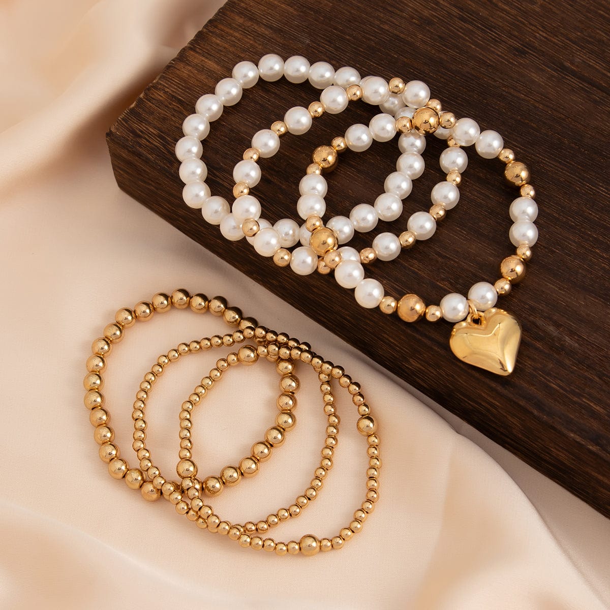 Elegant 6pcs Heart Charm Pearl Chain Stackable Bracelet Set