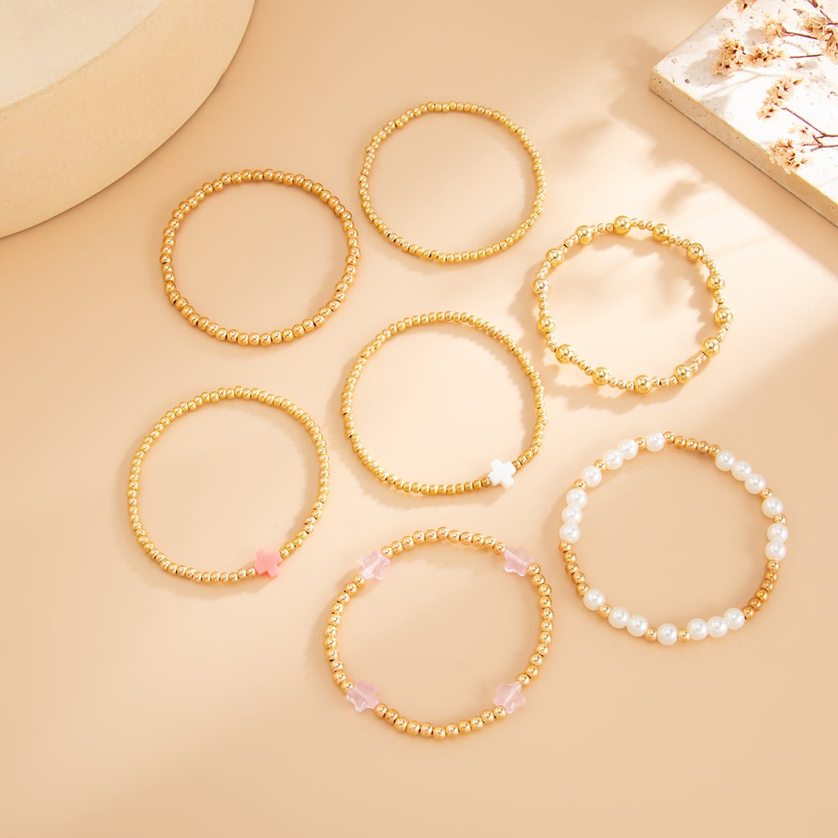 Elegant 7pcs Star Cross Charm Pearl Beaded Chain Bracelet Set - ArtGalleryZen