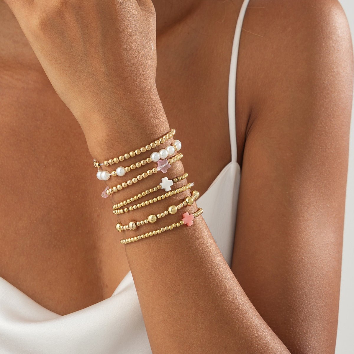 Elegant 7pcs Star Cross Charm Pearl Beaded Chain Bracelet Set - ArtGalleryZen