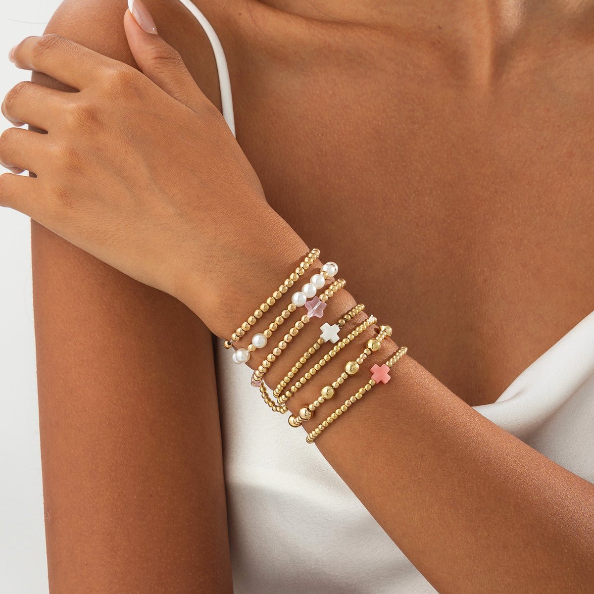 Elegant 7pcs Star Cross Charm Pearl Beaded Chain Bracelet Set - ArtGalleryZen