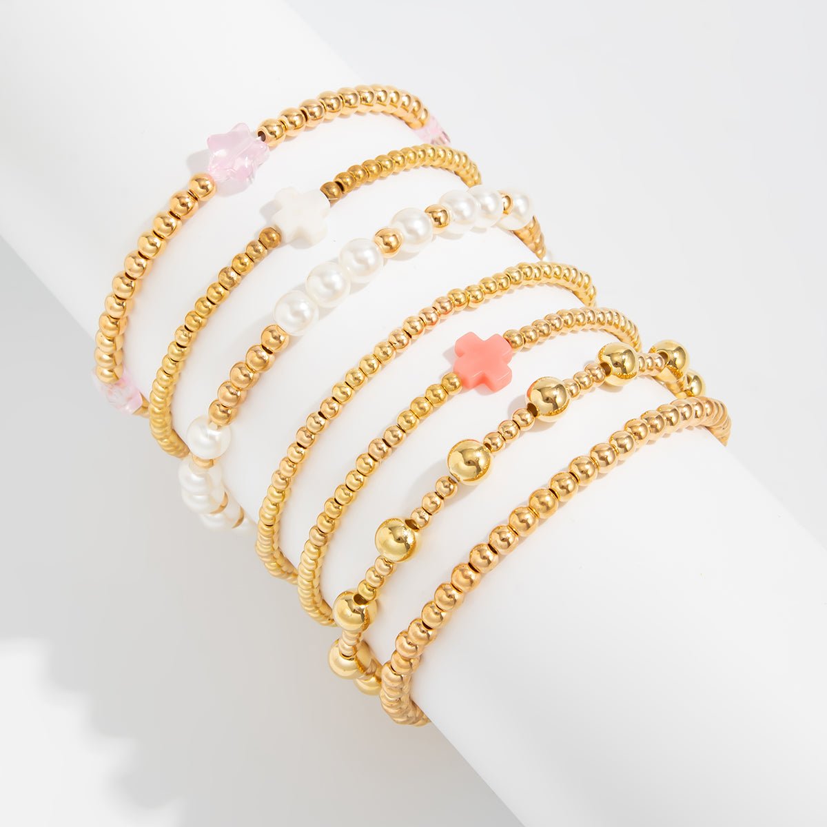 Elegant 7pcs Star Cross Charm Pearl Beaded Chain Bracelet Set - ArtGalleryZen