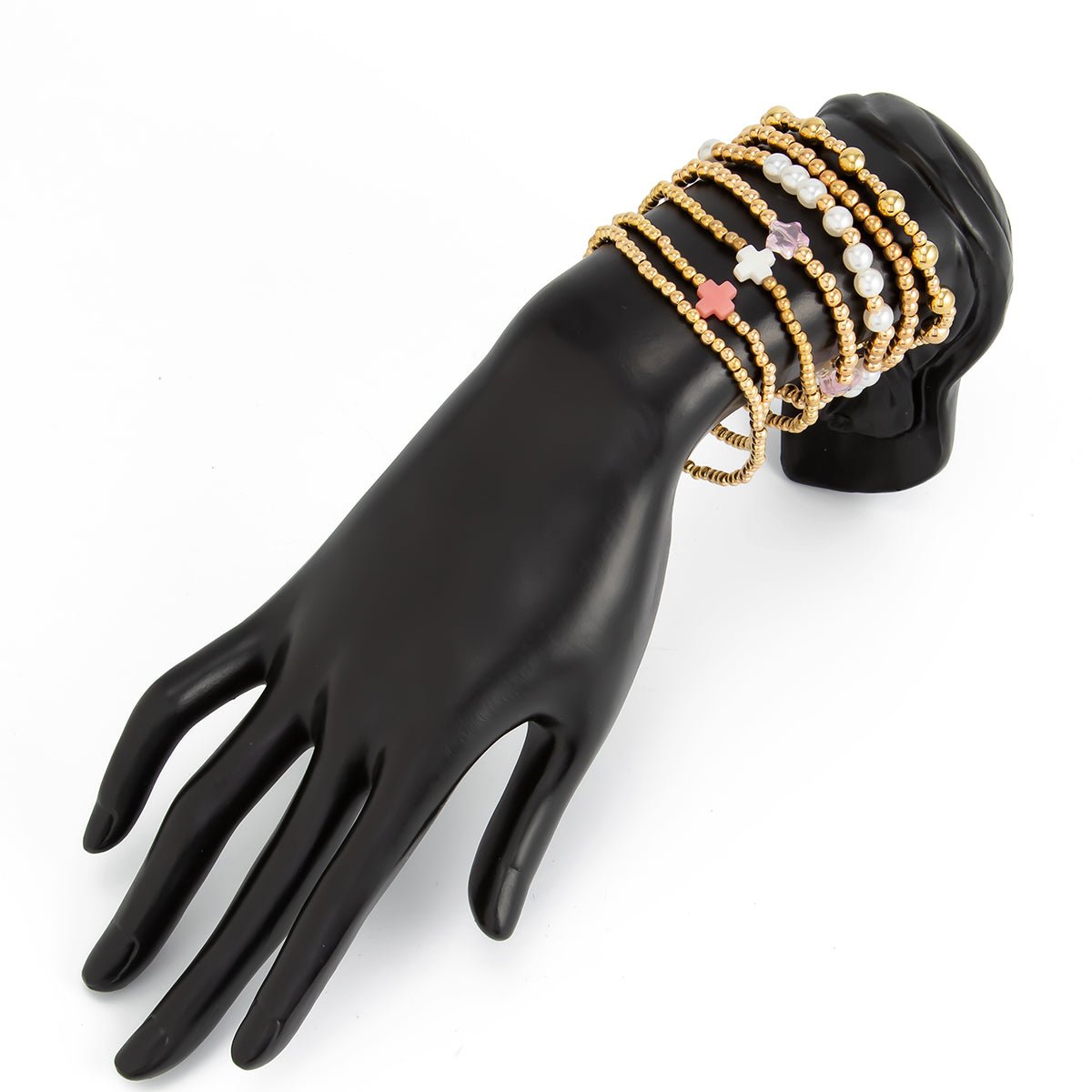 Elegant 7pcs Star Cross Charm Pearl Beaded Chain Bracelet Set - ArtGalleryZen