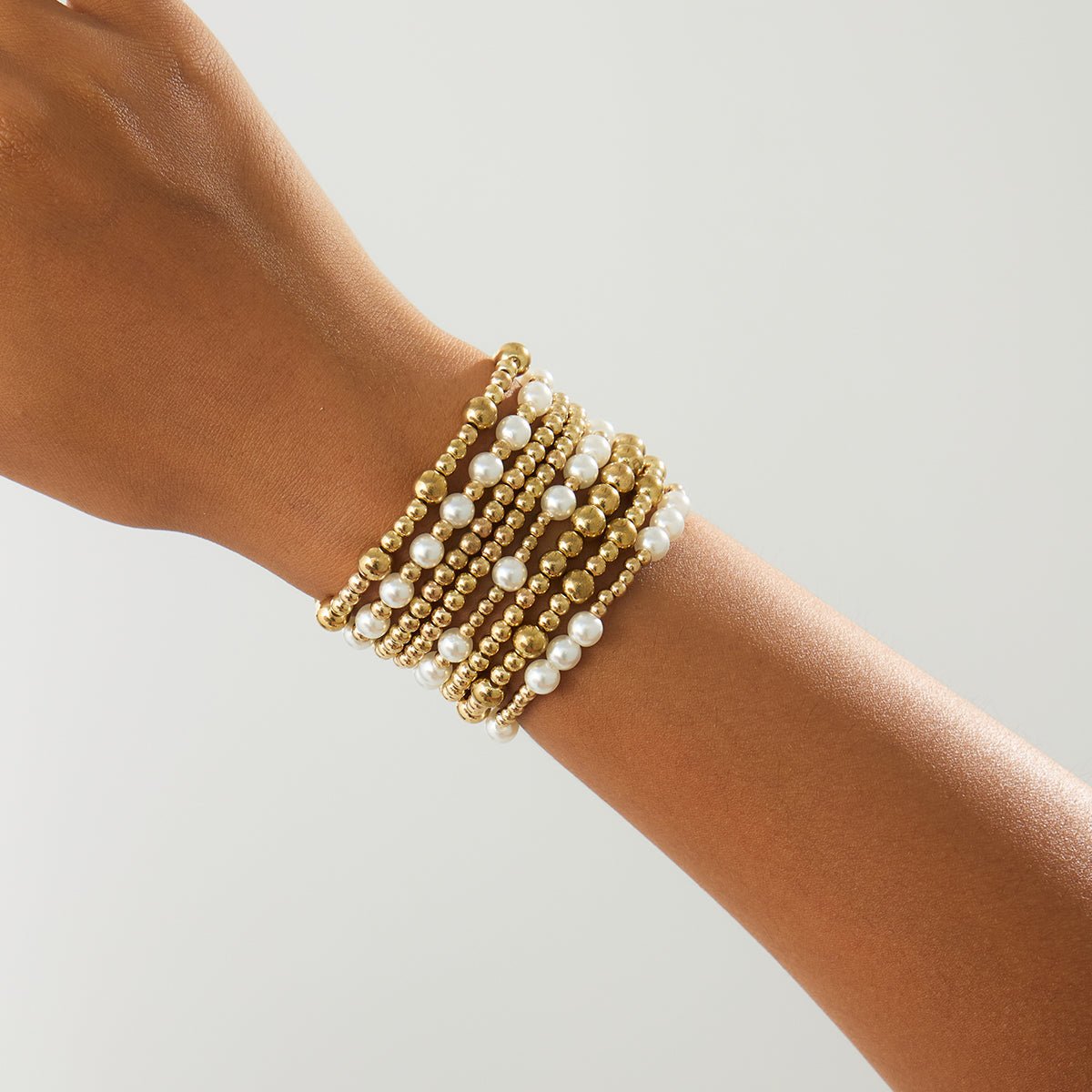 Elegant 8pcs Gold Plated Pearl Beaded Chain Bracelet Set - ArtGalleryZen