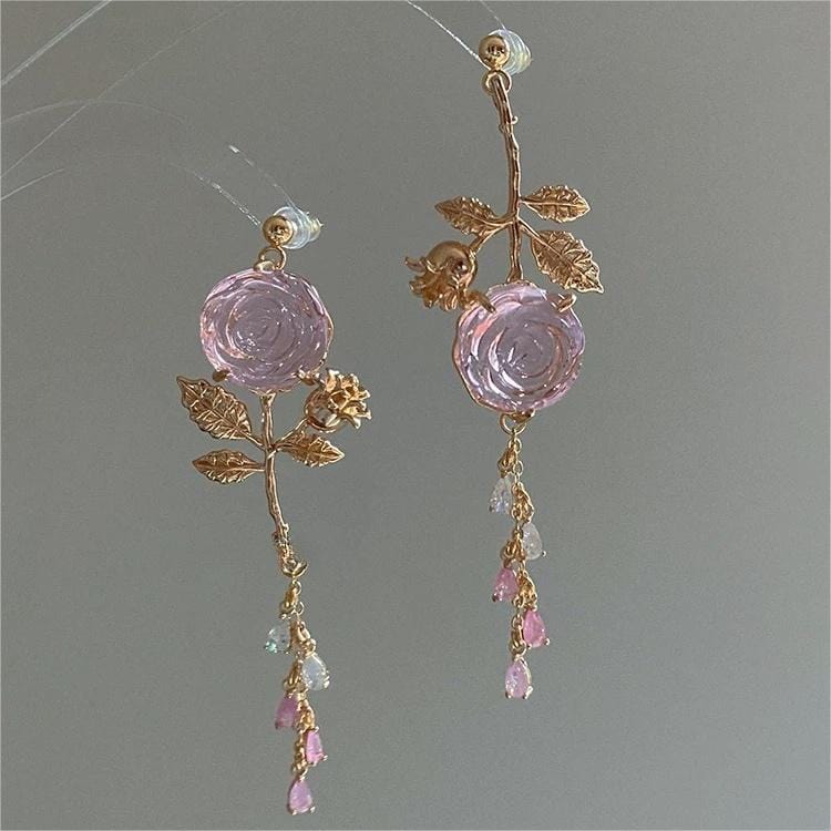 Elegant Asymmetric S925 Silver Pink Crystal Rose Earrings - ArtGalleryZen