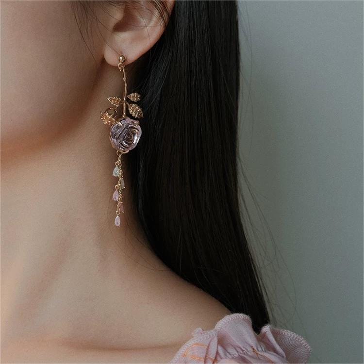 Elegant Asymmetric S925 Silver Pink Crystal Rose Earrings - ArtGalleryZen