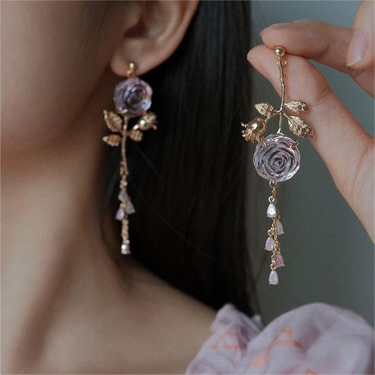 Elegant Asymmetric S925 Silver Pink Crystal Rose Earrings