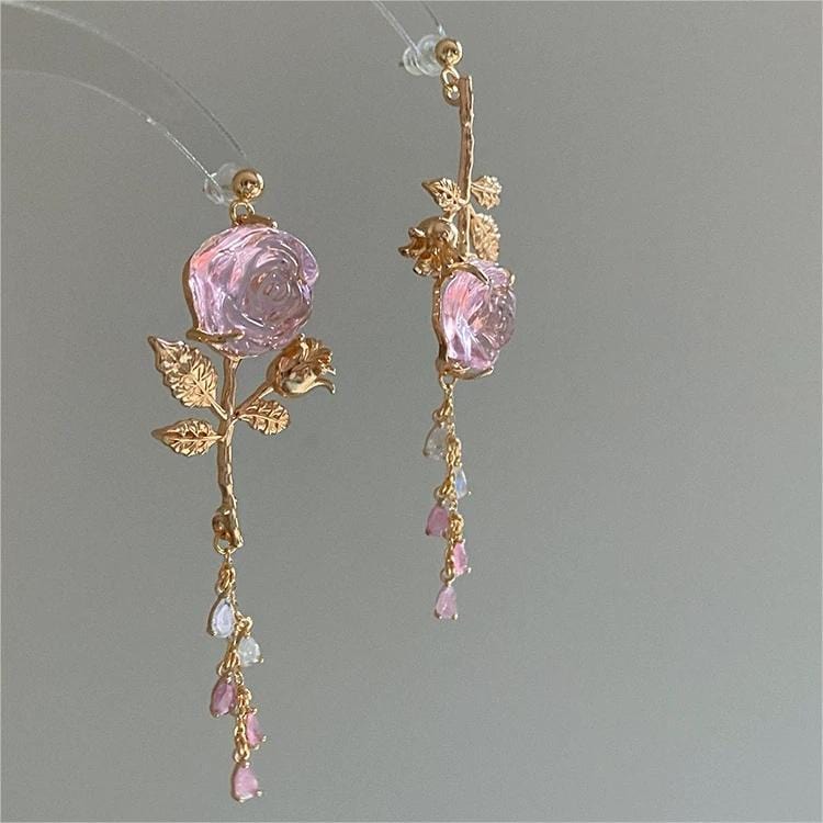 Elegant Asymmetric S925 Silver Pink Crystal Rose Earrings