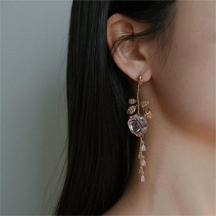 Elegant Asymmetric S925 Silver Pink Crystal Rose Earrings