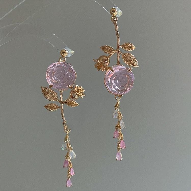 Elegant Asymmetric S925 Silver Pink Crystal Rose Earrings