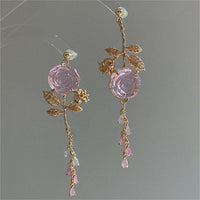 Thumbnail for Elegant Asymmetric S925 Silver Pink Crystal Rose Earrings