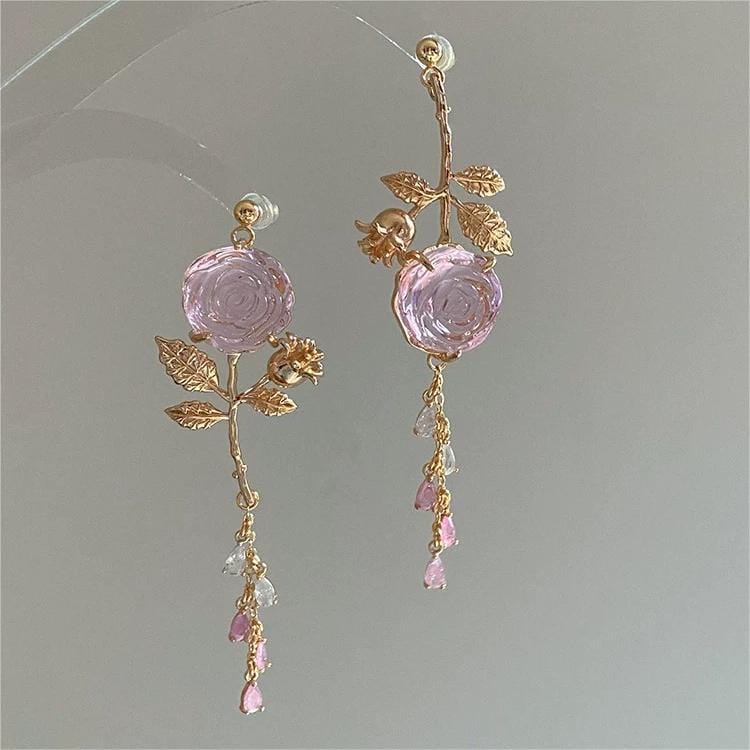 Elegant Asymmetric S925 Silver Pink Crystal Rose Earrings