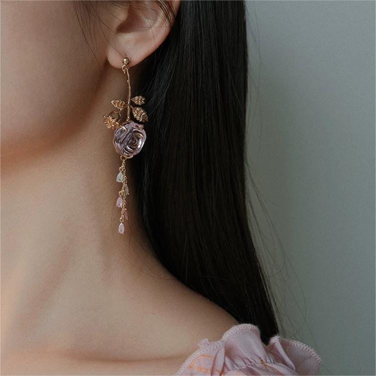 Elegant Asymmetric S925 Silver Pink Crystal Rose Earrings