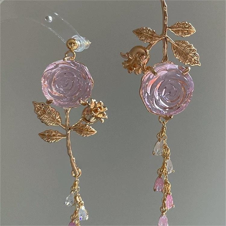 Elegant Asymmetric S925 Silver Pink Crystal Rose Earrings