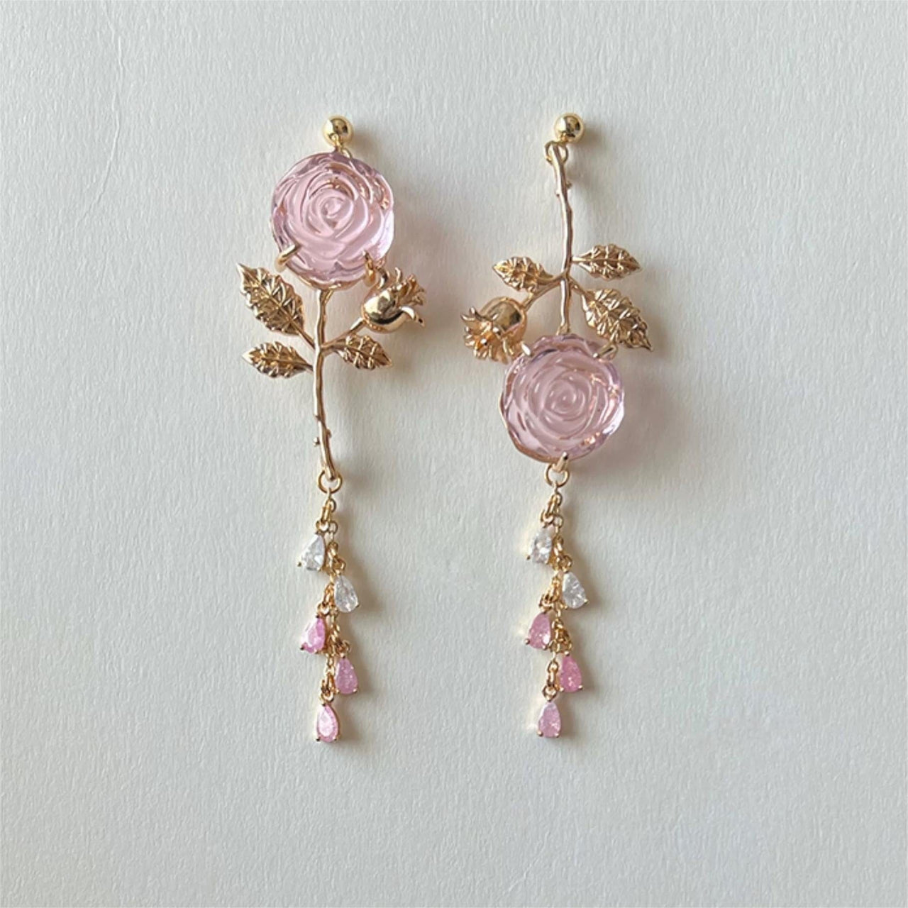 Elegant Asymmetric S925 Silver Pink Crystal Rose Earrings