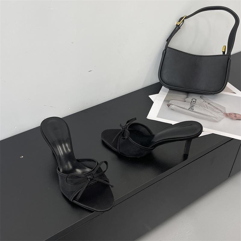 Elegant Bowknot Mesh Round Head Thin Heel Sandals - ArtGalleryZen