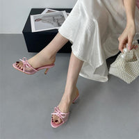 Thumbnail for Elegant Bowknot Mesh Round Head Thin Heel Sandals - ArtGalleryZen