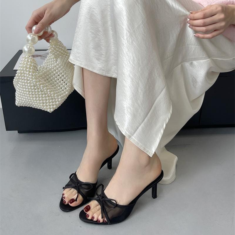 Elegant Bowknot Mesh Round Head Thin Heel Sandals - ArtGalleryZen