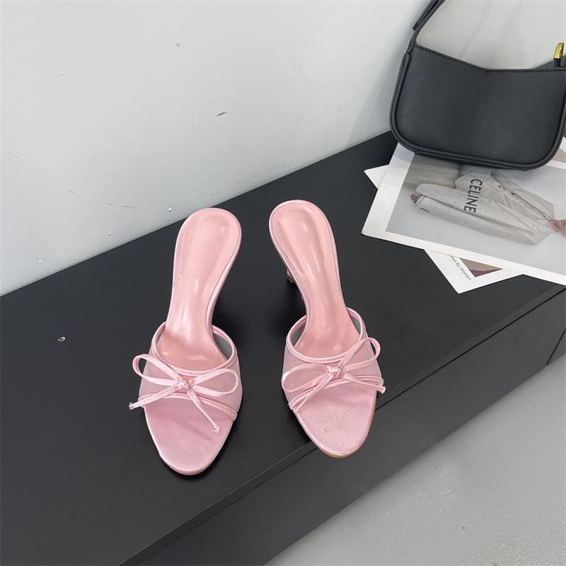 Elegant Bowknot Mesh Round Head Thin Heel Sandals - ArtGalleryZen