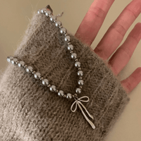 Thumbnail for Elegant Bowknot Pendant Grey Pearl Chain Necklace - ArtGalleryZen
