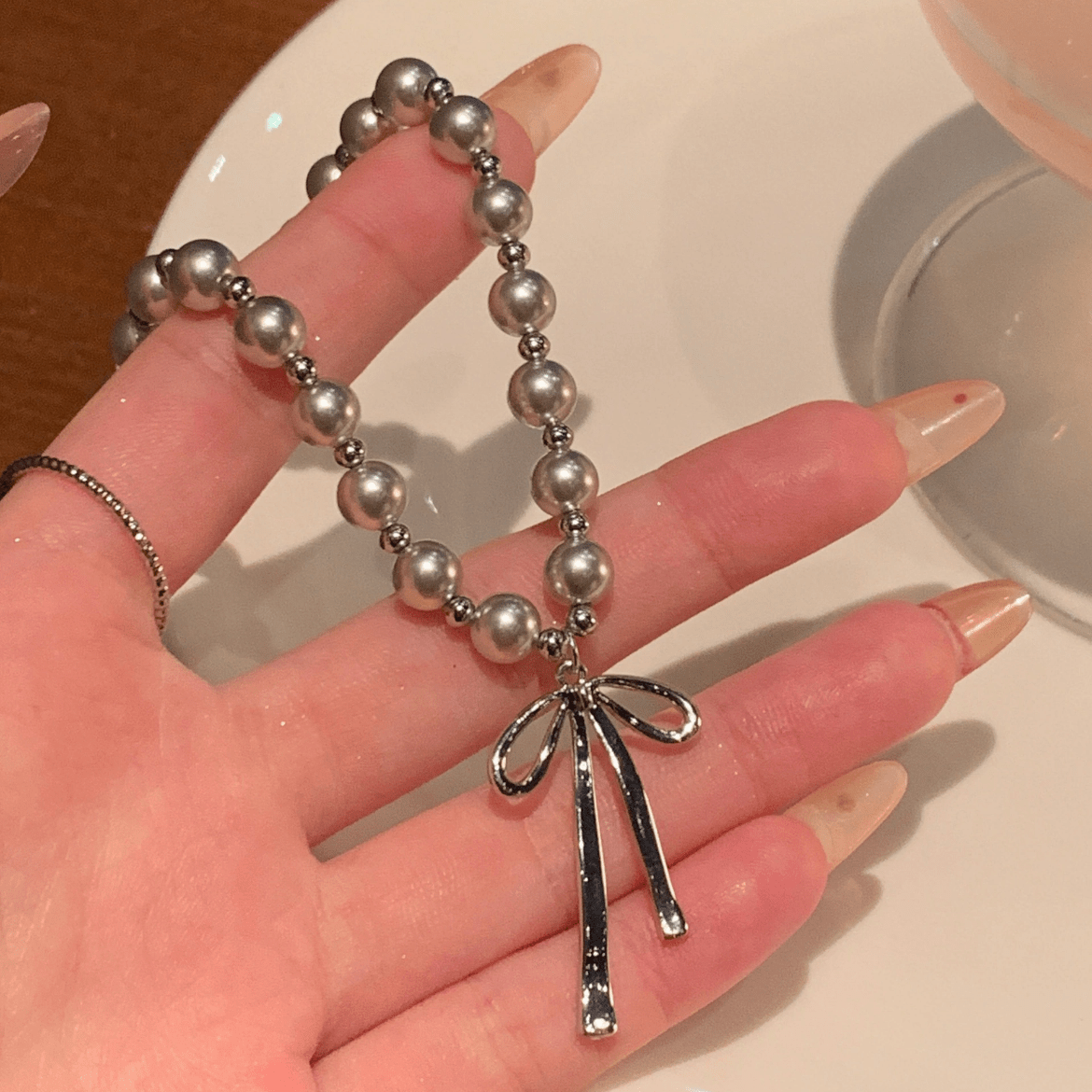 Elegant Bowknot Pendant Grey Pearl Chain Necklace - ArtGalleryZen