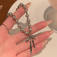 Thumbnail for Elegant Bowknot Pendant Grey Pearl Chain Necklace - ArtGalleryZen