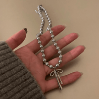 Thumbnail for Elegant Bowknot Pendant Grey Pearl Chain Necklace - ArtGalleryZen