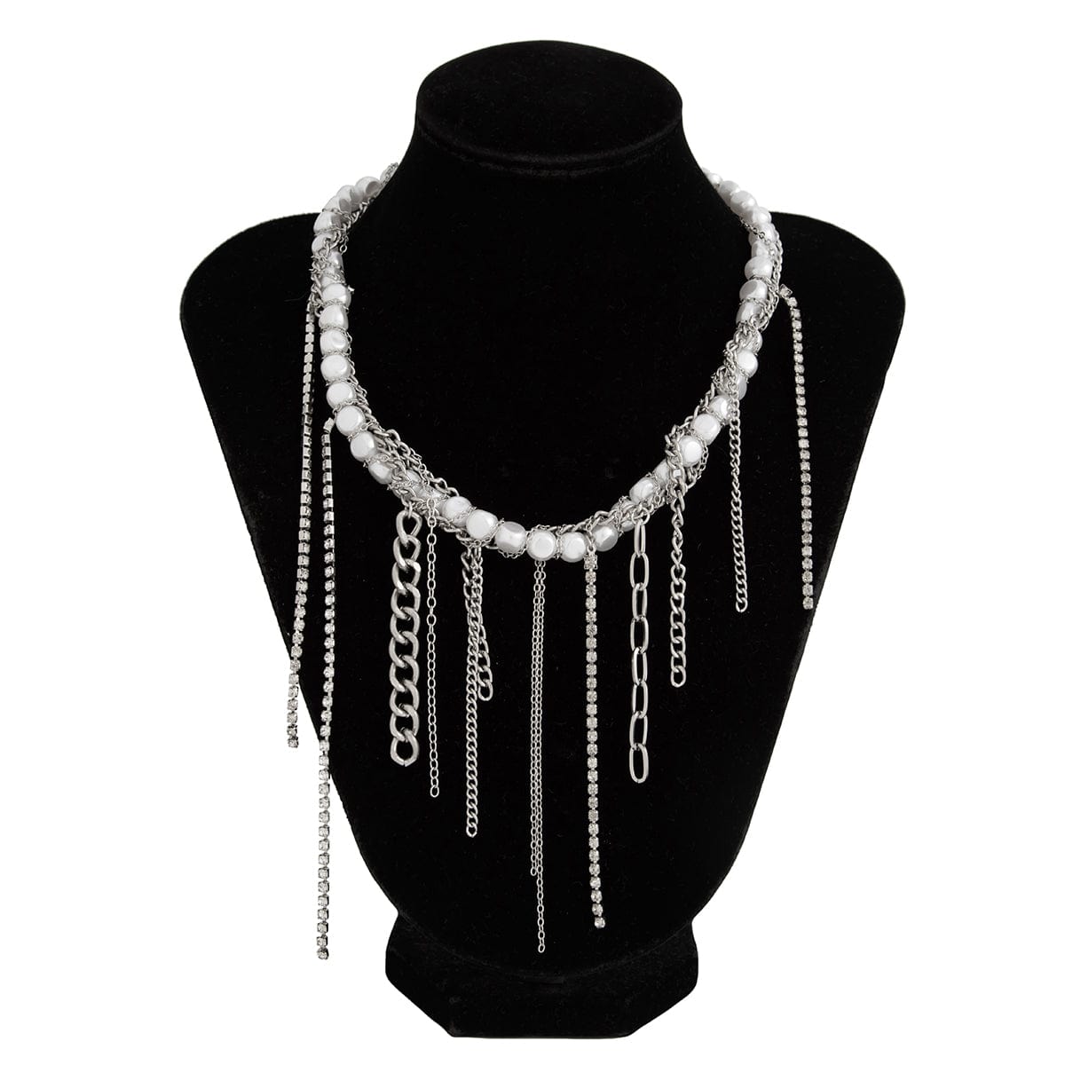 Elegant Box Curb Chain Tassel Pearl Choker Necklace - ArtGalleryZen