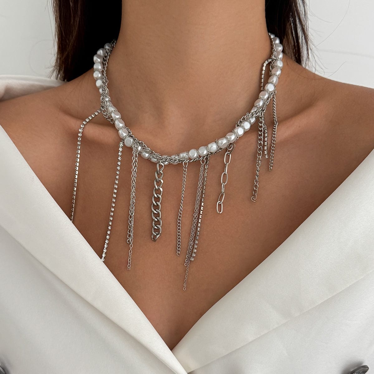 Elegant Box Curb Chain Tassel Pearl Choker Necklace - ArtGalleryZen