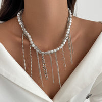 Thumbnail for Elegant Box Curb Chain Tassel Pearl Choker Necklace - ArtGalleryZen