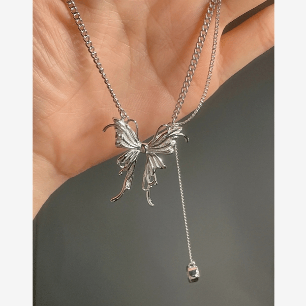 Elegant Butterfly Charm Rhinestone Chain Tassel Y Necklace - ArtGalleryZen