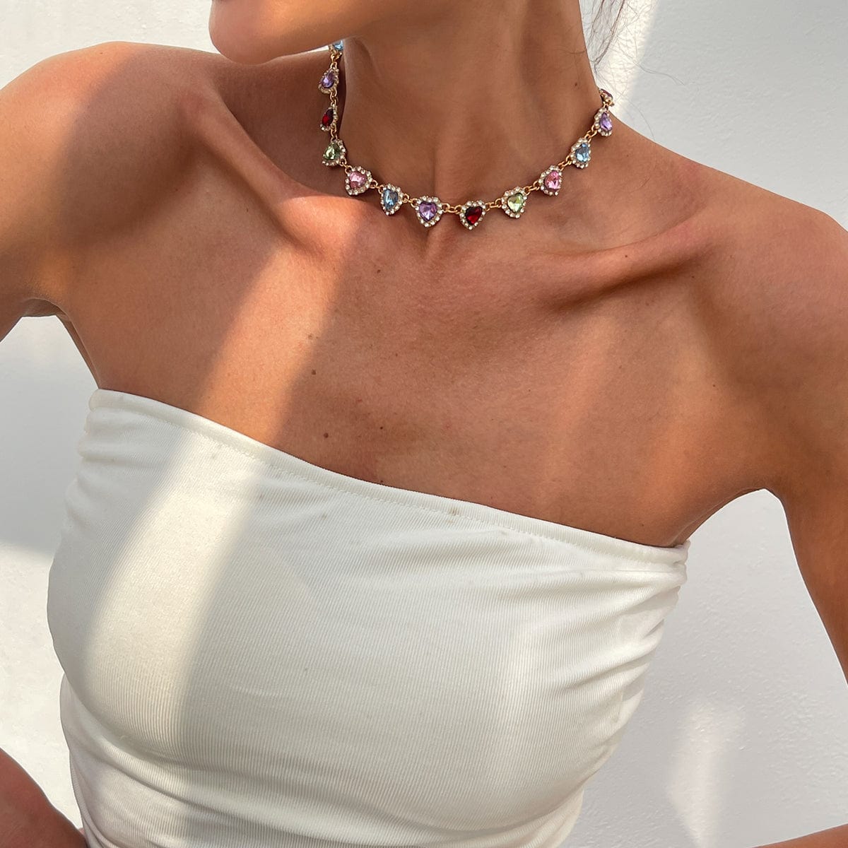 Elegant Colorful CZ Inlaid Heart Chain Necklace - ArtGalleryZen