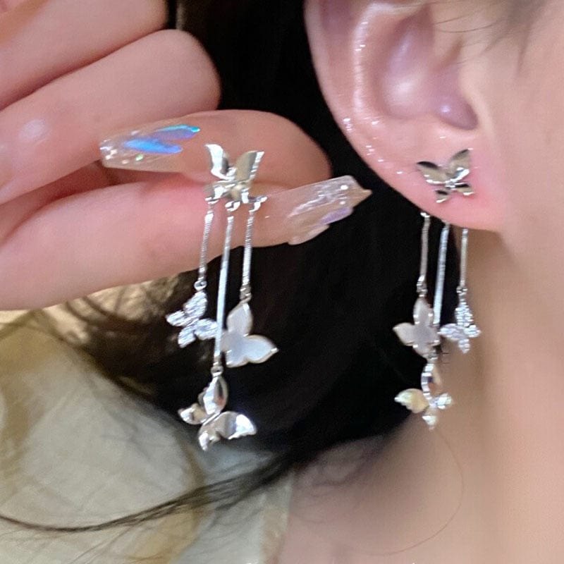 Elegant CZ Inlaid Enamel Butterfly Tassel Earrings