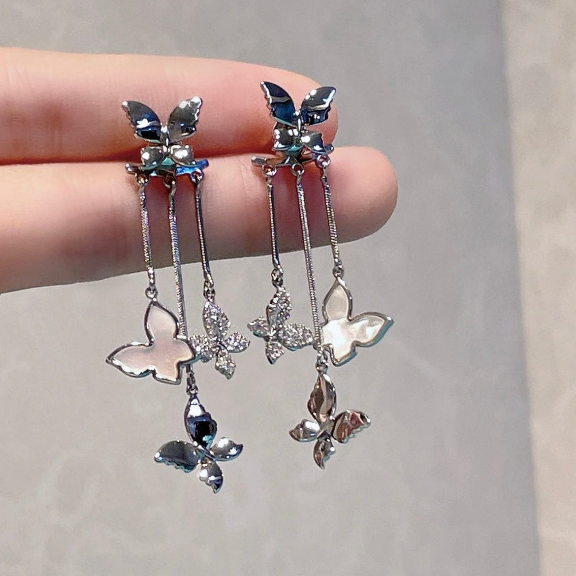 Elegant CZ Inlaid Enamel Butterfly Tassel Earrings