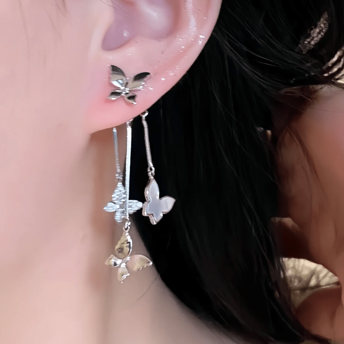 Elegant CZ Inlaid Enamel Butterfly Tassel Earrings