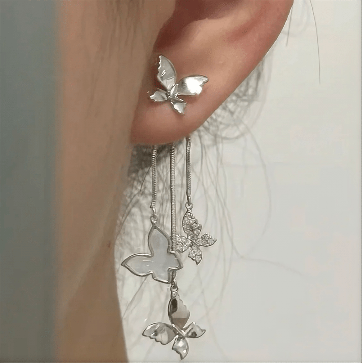 Elegant CZ Inlaid Enamel Butterfly Tassel Earrings