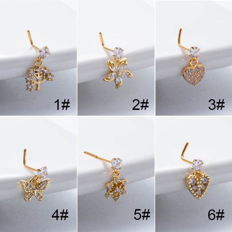 Elegant CZ Inlaid Stainless Steel Heart Snowflake Floral Nose Piercing Nose Stud - ArtGalleryZen