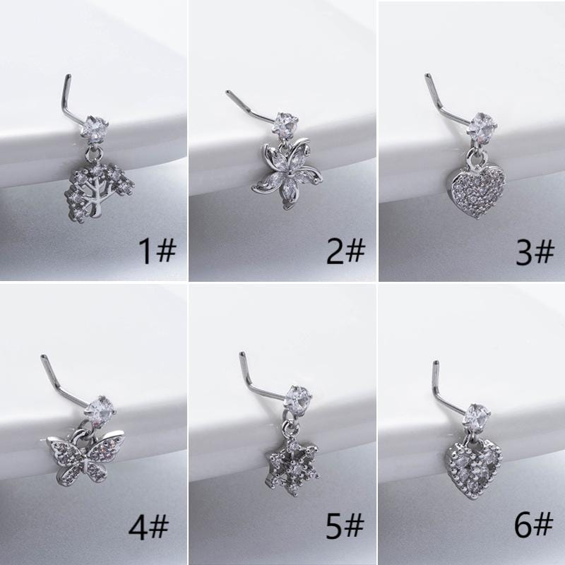 Elegant CZ Inlaid Stainless Steel Heart Snowflake Floral Nose Piercing Nose Stud - ArtGalleryZen