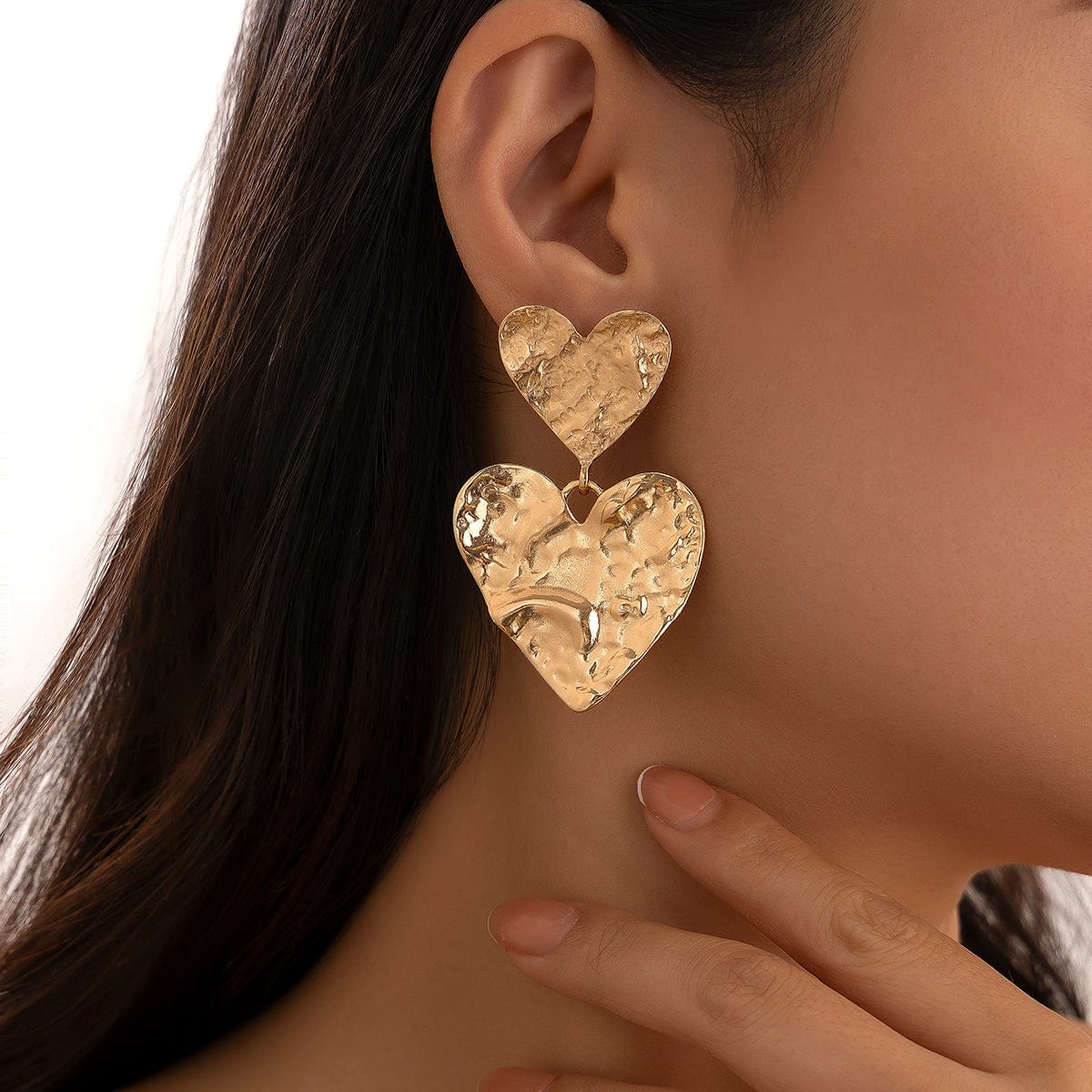 Elegant Duo Textured Heart Charm Earrings