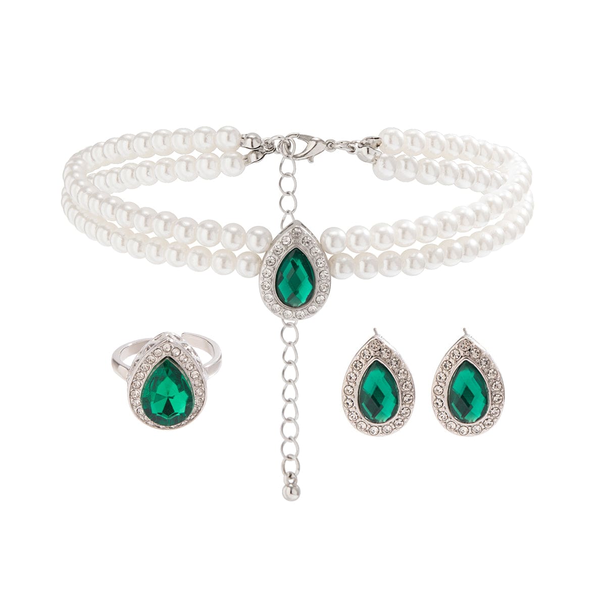 Elegant Emerald Cubic Zirconia Inlaid Pearl Chain Choker Necklace Earrings Ring Set - ArtGalleryZen