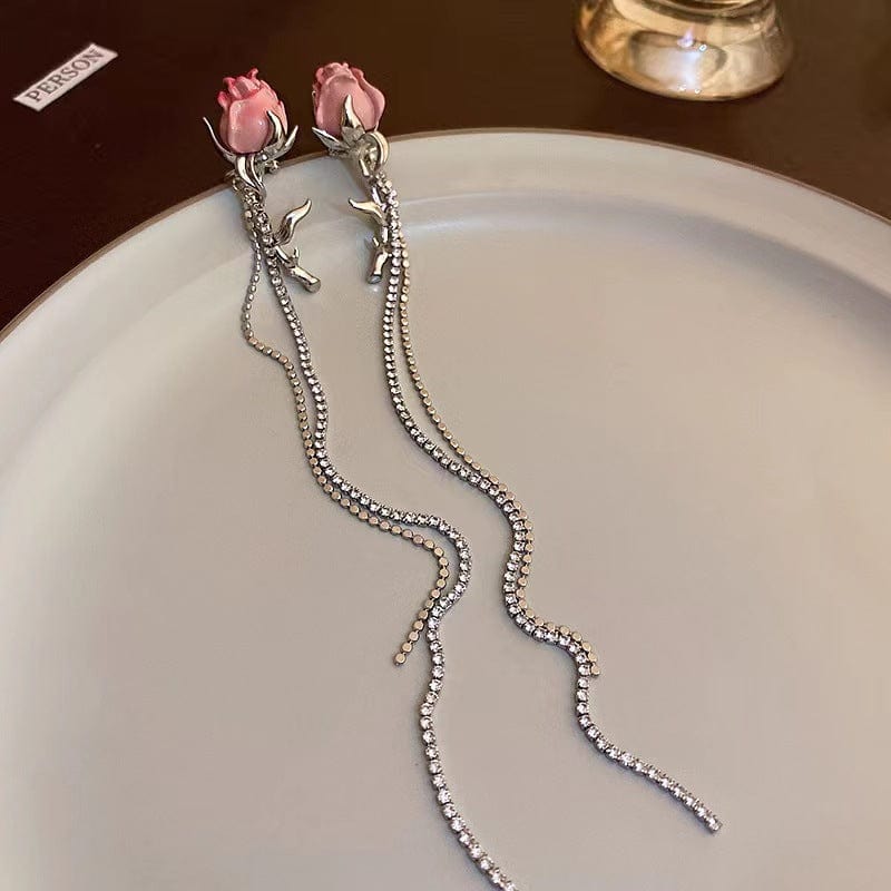 Elegant Enamel Rose Flower Box Chain Tassel Ear Cuff Earrings - ArtGalleryZen