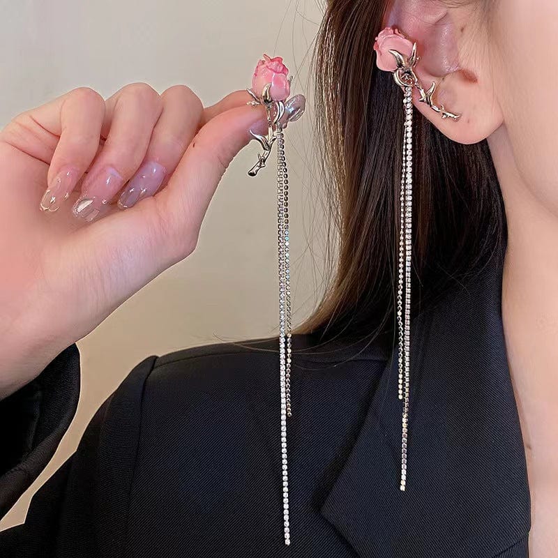 Elegant Enamel Rose Flower Box Chain Tassel Ear Cuff Earrings - ArtGalleryZen