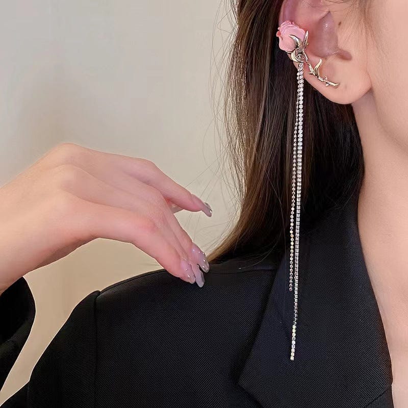 Elegant Enamel Rose Flower Box Chain Tassel Ear Cuff Earrings - ArtGalleryZen