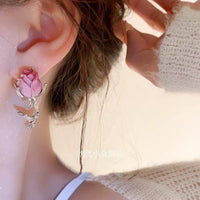 Thumbnail for Elegant Enamel Rose Flower Box Chain Tassel Ear Cuff Earrings - ArtGalleryZen
